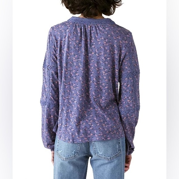 NWT Lucky Brand Floral Print Lace Inset Peasant Top Long Sleeve V Neck Sz XS - Picture 2 of 16